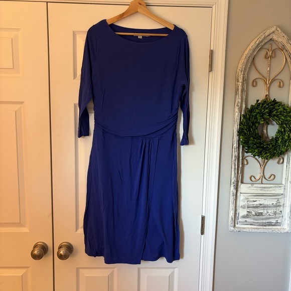 Boden Lottie Ruched Dress Bright Blue 3/4 Sleeve J0045 US 12R / UK 16 R *FLAW* - Picture 2 of 9